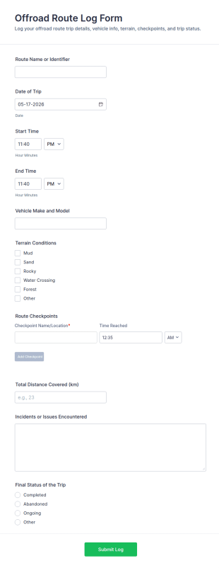 Offroad Route Log Form Template