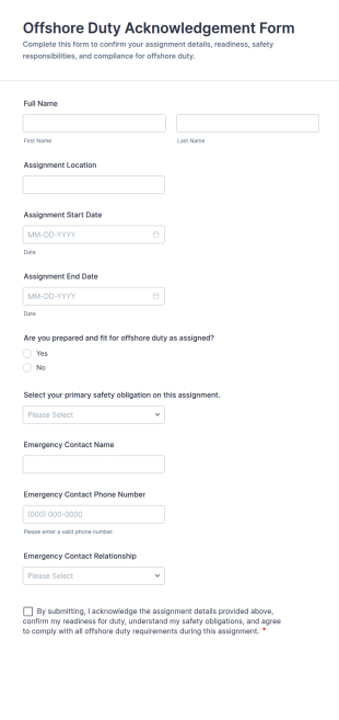 Offshore Duty Acknowledgement Form Template