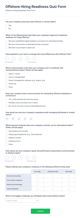 Offshore Hiring Readiness Quiz Form Template