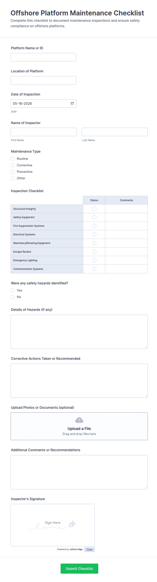 Offshore Platform Maintenance Checklist Form Template