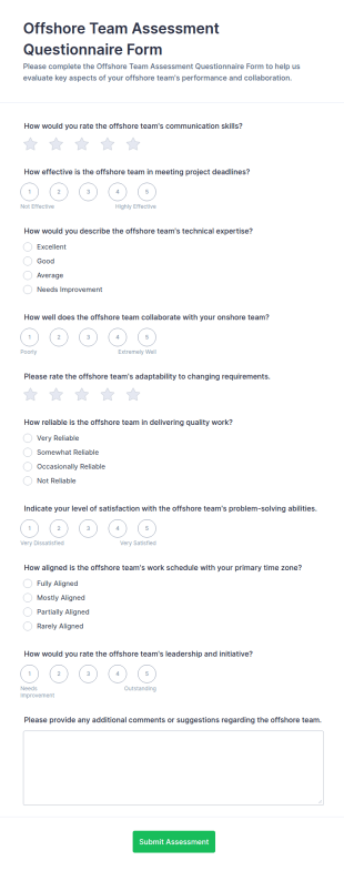 Offshore Team Assessment Questionnaire Form Template