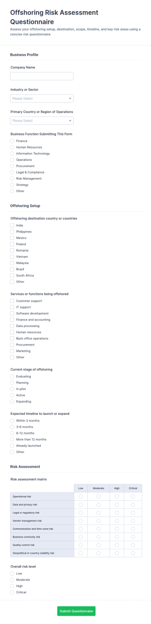 Offshoring Risk Assessment Questionnaire Form Template