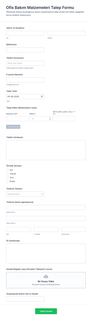 Ofis Bakım Malzeme Talep Form Şablonu