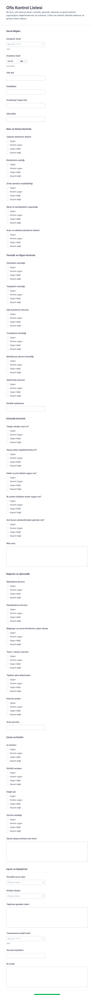 Ofis Denetim Kontrol Listesi Form Şablonu