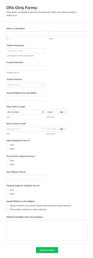 Ofis Giriş Kontrol Form Şablonu