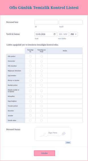 Ofis Günlük Temizlik Kontrol Listesi Form Şablonu