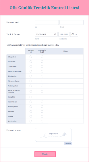 Ofis Günlük Temizlik Kontrol Listesi Form Şablonu