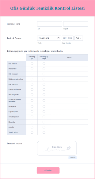Ofis Günlük Temizlik Kontrol Listesi Form Template