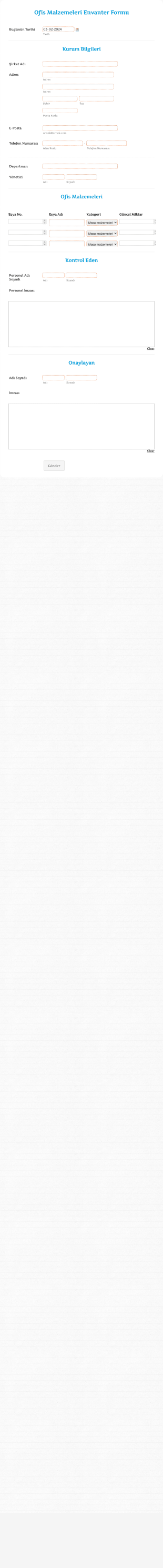 Ofis Malzemeleri Envanter Form Template