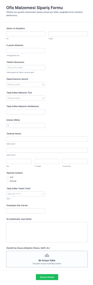 Ofis Malzemesi Sipariş Form Şablonu