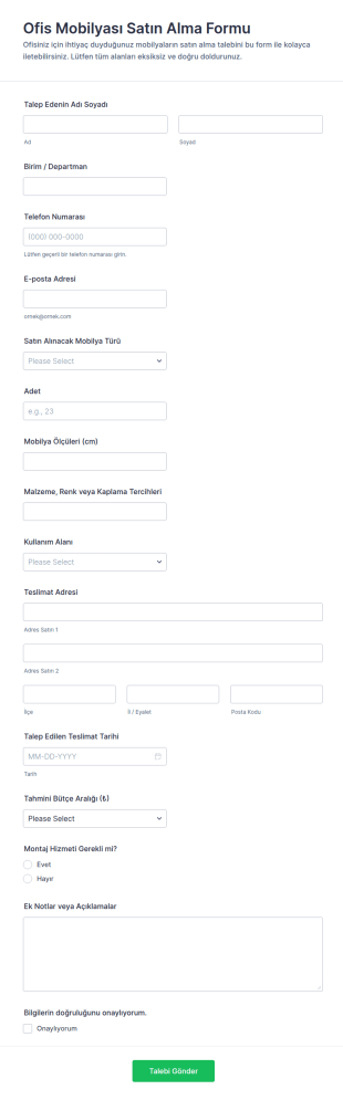 Ofis Mobilyası Satın Alma Form Şablonu