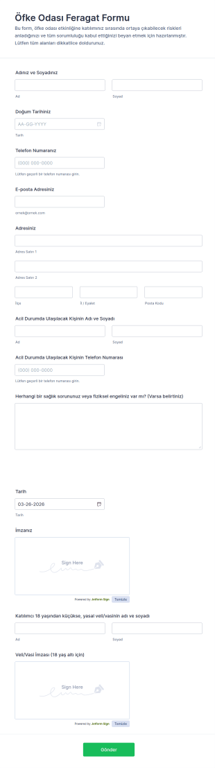 Öfke Odası Feragat Form Şablonu