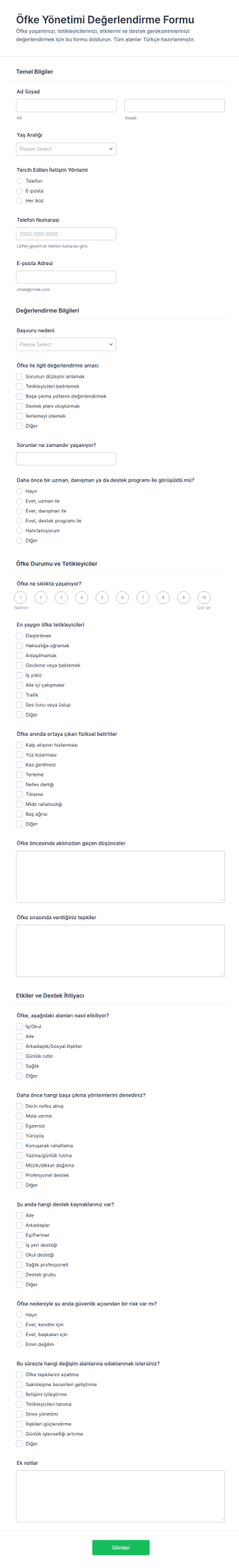 Öfke Yönetimi Değerlendirme Anketi Form Şablonu