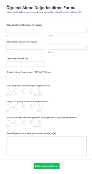 Öğrenci Akran Değerlendirme Form Template