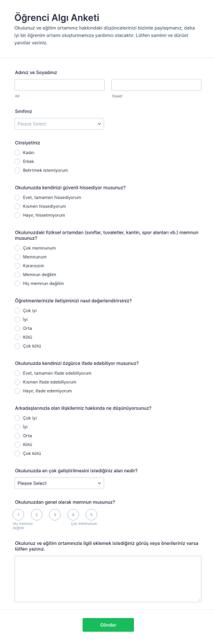 Öğrenci Algı Anketi Form Şablonu