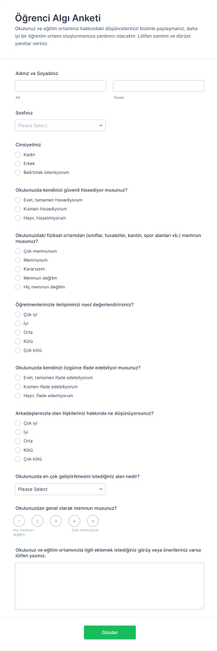 Öğrenci Algı Anketi Form Şablonu