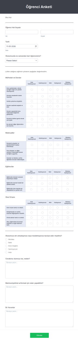 Öğrenci Anketi 1 Form Şablonu