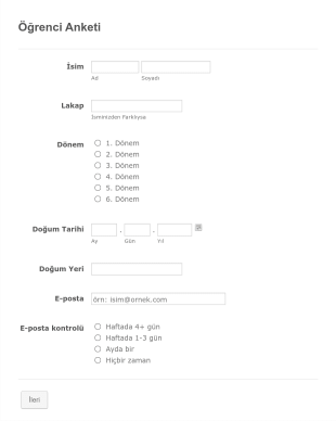 Öğrenci Anketi Form Şablonu