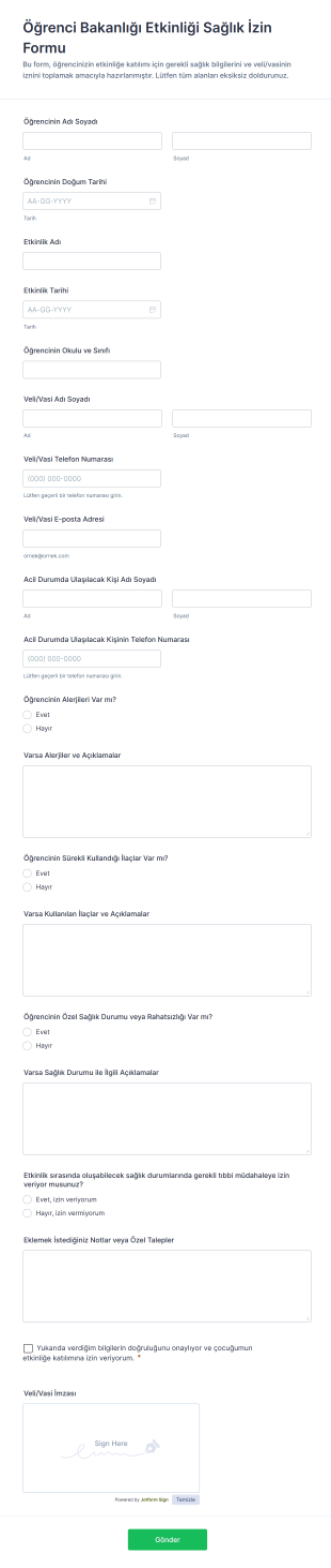 Öğrenci Bakanlığı Etkinliği Sağlık İzin Form Şablonu