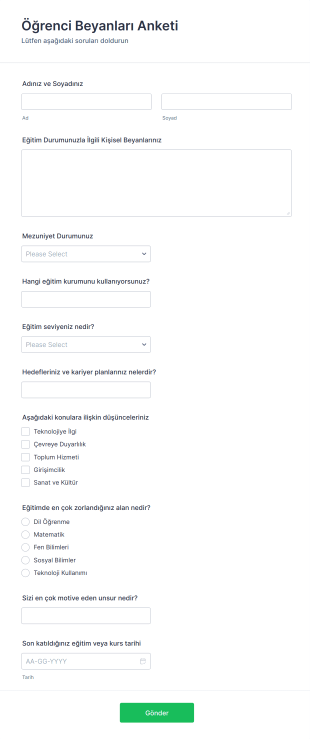 Öğrenci Beyanları Anket Form Şablonu