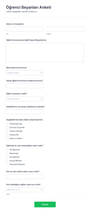 Öğrenci Beyanları Anket Form Şablonu