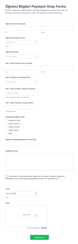 Öğrenci Bilgileri Paylaşım Onay Form Şablonu