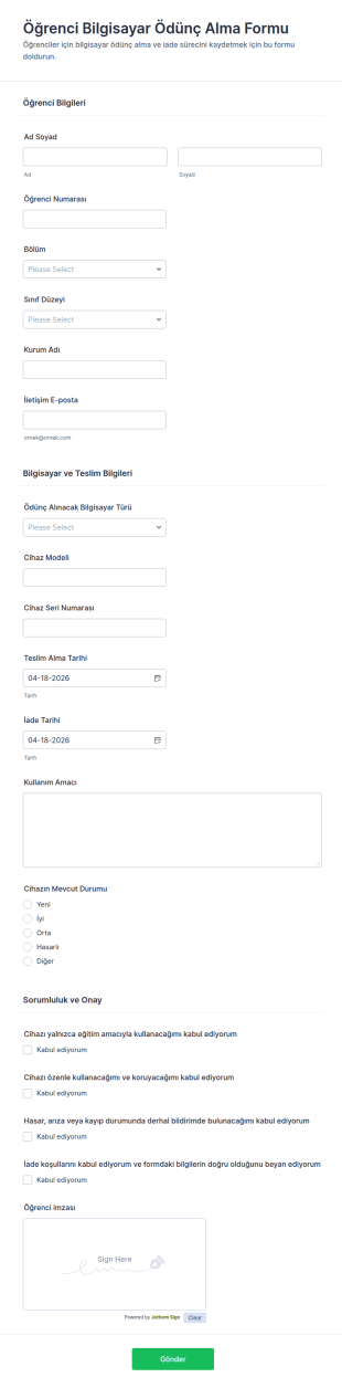 Öğrenci Bilgisayar Kredisi Anlaşması Formu 🎓💻 Form Şablonu