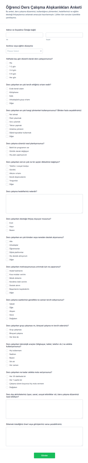 Öğrenci Çalışma Alışkanlıkları Anketi Form Şablonu