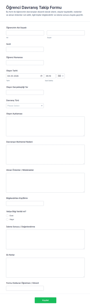 Öğrenci Davranış Takip Formu 🎓 Form Şablonu