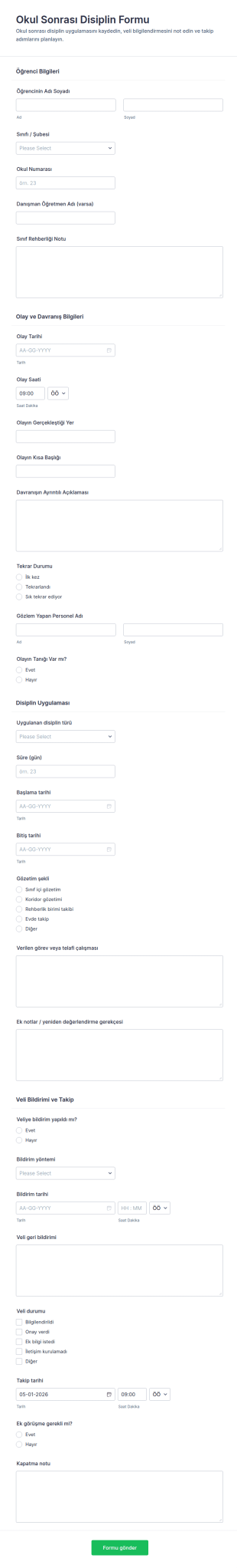 Öğrenci Disiplin İşlemleri Form Şablonu