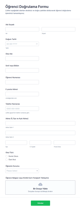 Öğrenci Doğrulama Formu 🎓 Form Şablonu