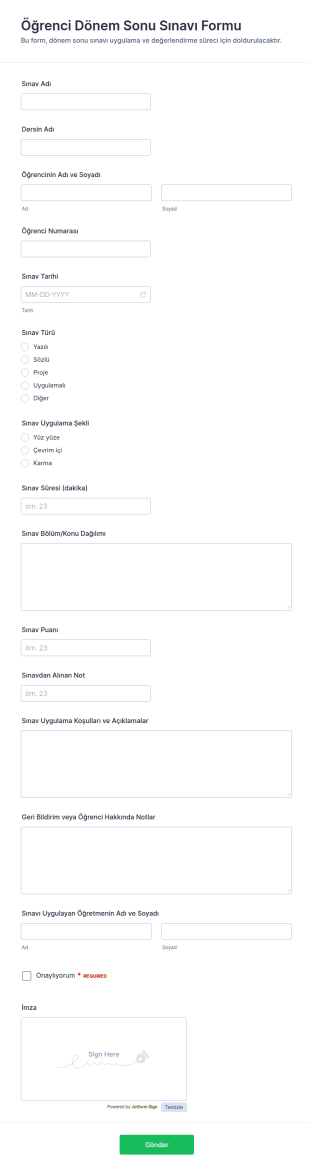 Öğrenci Dönem Sonu Değerlendirme Form Şablonu