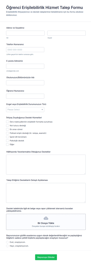 Öğrenci Erişilebilirlik Hizmet Talep Form Şablonu