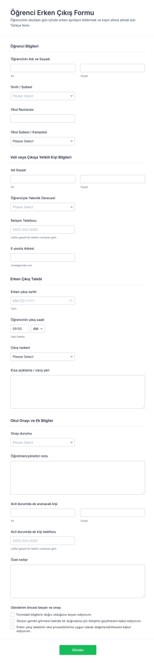 Öğrenci Erken Çıkış Form Şablonu