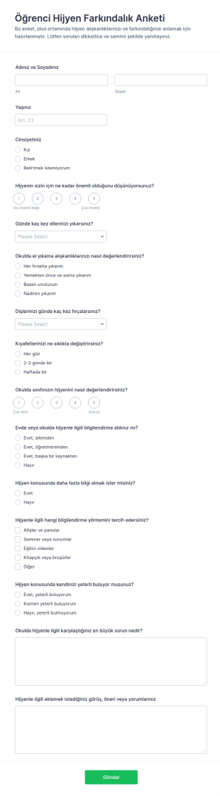 Öğrenci Hijyen Farkındalık Anketi Form Şablonu