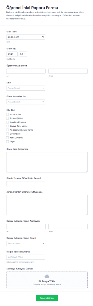Öğrenci İhlal Raporu Anketi Form Şablonu