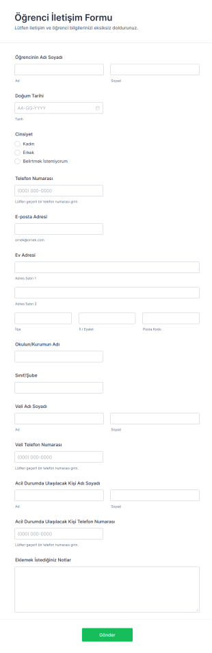 Öğrenci İletişim Form Şablonu