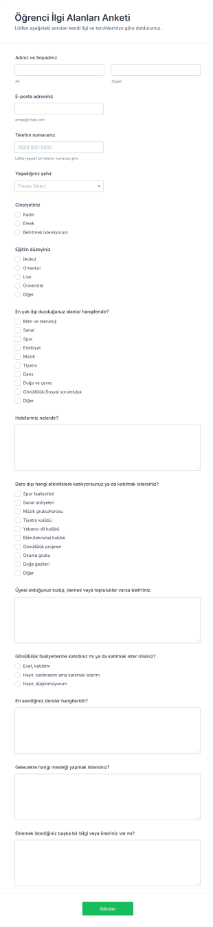 Öğrenci İlgi Alanları Anketi Form Şablonu