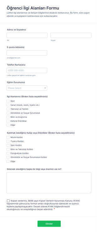 Öğrenci İlgi Alanları Form Şablonu