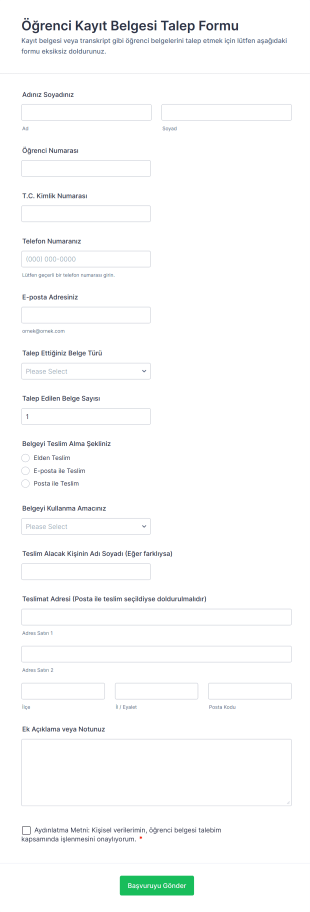Öğrenci Kayıt Belgesi Talep Form Şablonu