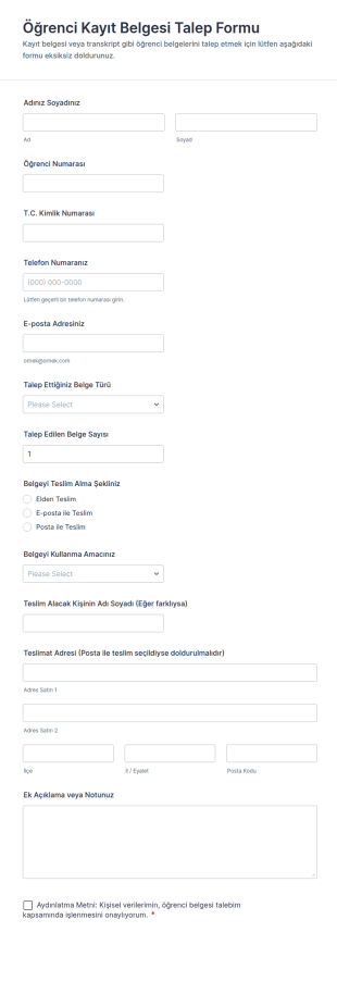 Öğrenci Kayıt Belgesi Talep Form Şablonu
