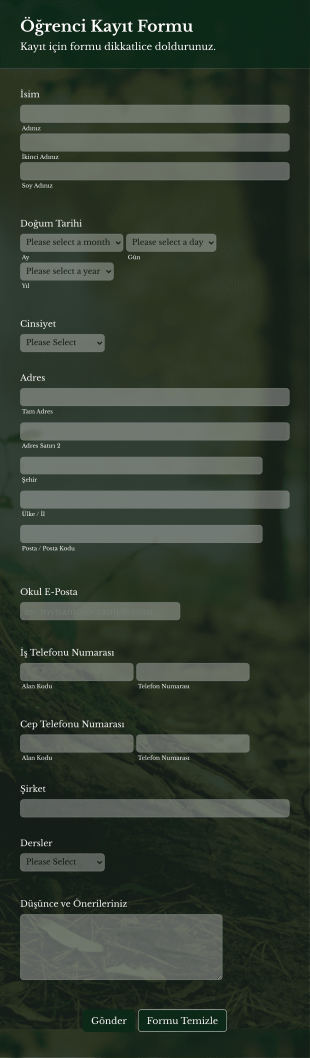Öğrenci Kayıt Form Template