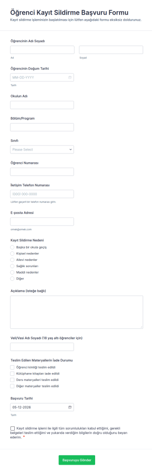 Öğrenci Kayıt Sildirme Başvuru Form Şablonu
