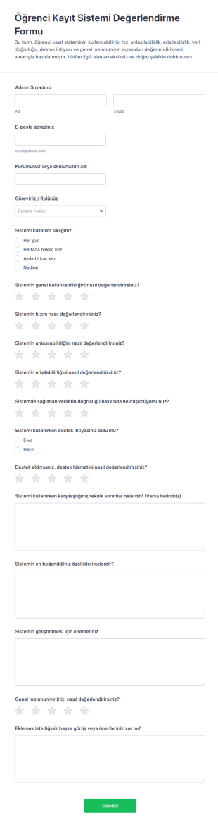Öğrenci Kayıt Sistemi Değerlendirme Anketi Form Şablonu