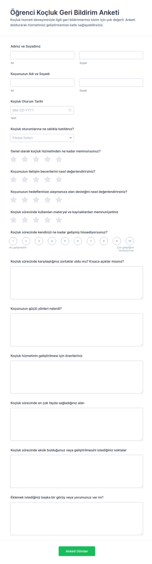Öğrenci Koçluğu Geri Bildirim Anketi Form Şablonu