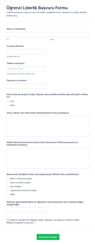 Öğrenci Liderlik Başvuru Form Şablonu