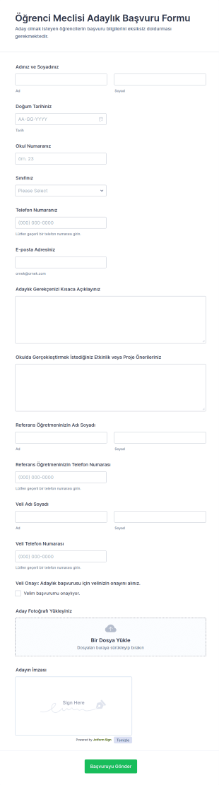 Öğrenci Meclisi Adaylık Başvuru Form Şablonu