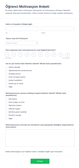 Öğrenci Motivasyon Anketi Form Şablonu