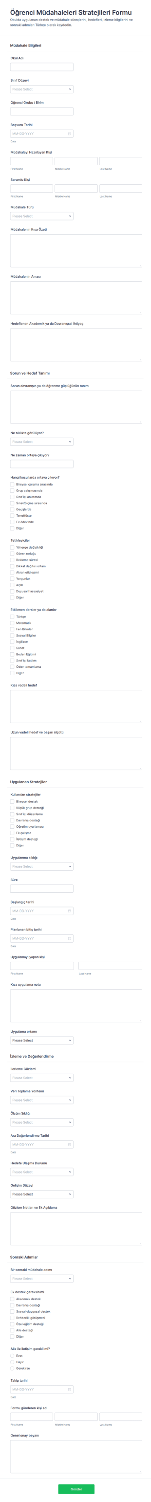 Öğrenci Müdahale Stratejileri Belgesi Form Şablonu