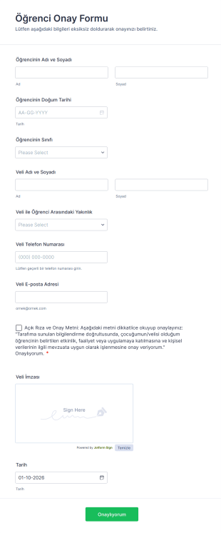 Öğrenci Onay Form Şablonu